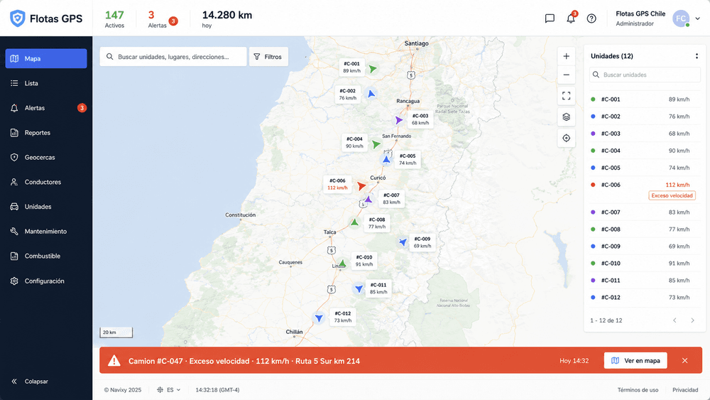 Panel de rastreo GPS de Flotas GPS mostrando vehículos en un mapa de Santiago, alertas y consumo de combustible en tiempo real